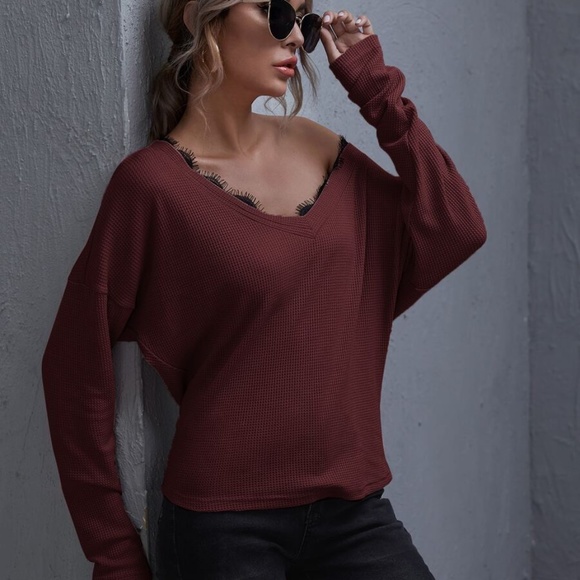 Black eyelash lace detail off shoulder waffle top - Picture 8 of 14